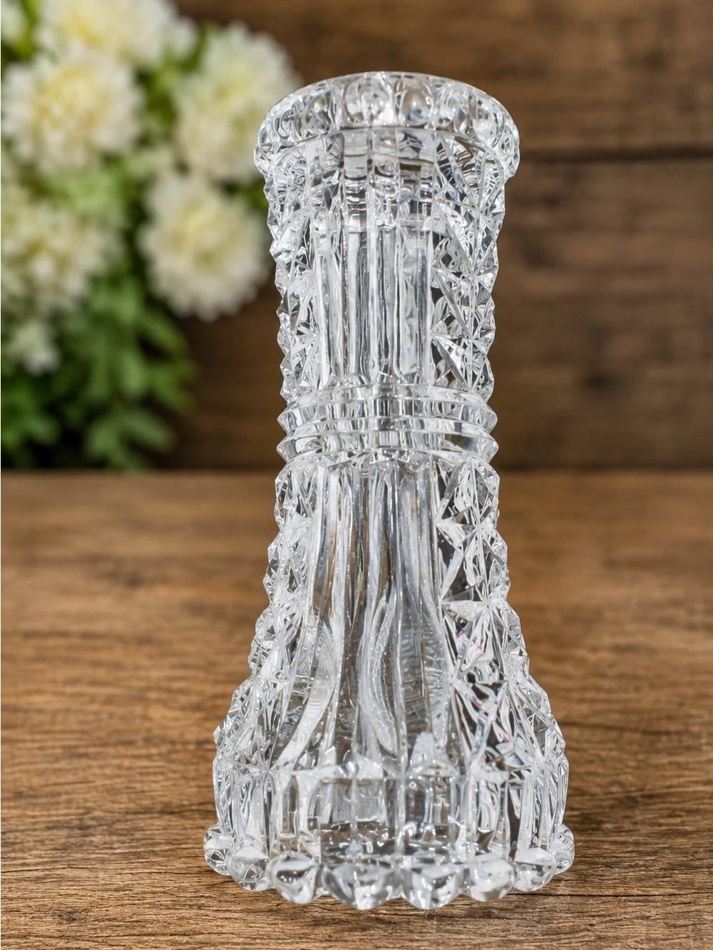 Vintage Clear Cut Glass Bud Vase Starburst Fan Pattern Scalloped Rim 6.5 Inch